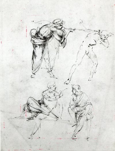 他人の耳にトランペットを吹く男と会話の2人の人物の研究、c.1480-82（紙にペンとインク） 作： Leonardo da Vinci